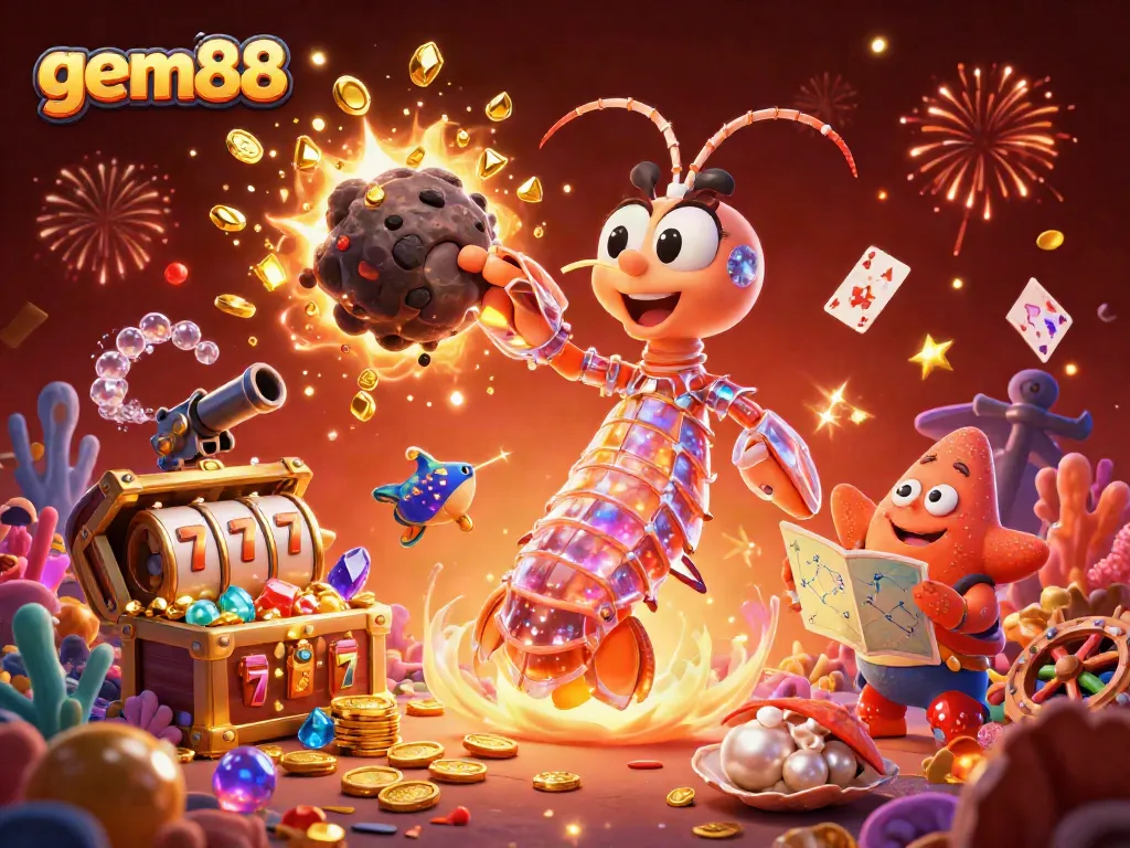 Experience thrilling wins with gem88's dynamic gaming scene showcasing 3D cartoon characters and casino elements.