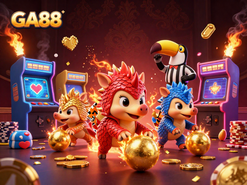 Bowling pangolins compete at GA88, surrounded by casino elements and game machines.