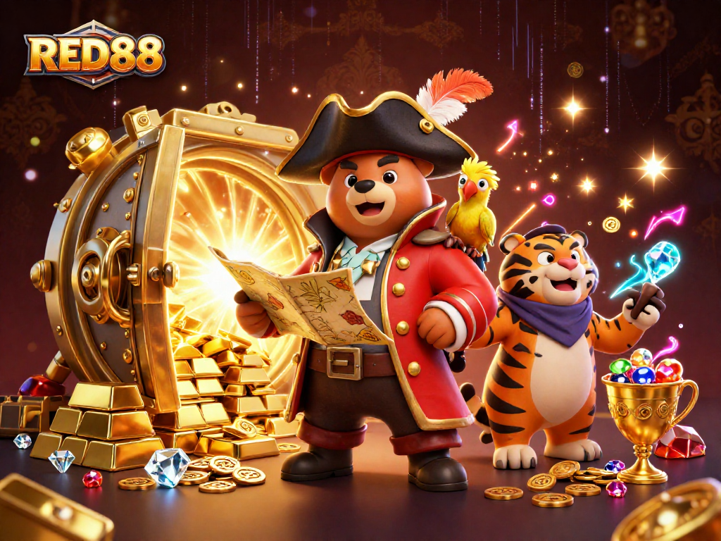 RED88 offers thrilling gaming adventures with treasure-seeking characters in a vibrant casino scene.