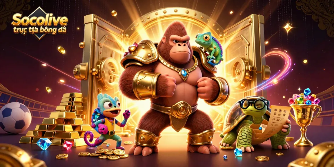 Socolive trực tiếp bóng đá illustration featuring a gorilla king and companions among vibrant sports betting elements.