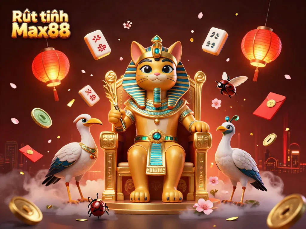Experience Rút tiền Max88 with a dynamic scene featuring a pharaoh cat, ibis scribe, and festive elements.