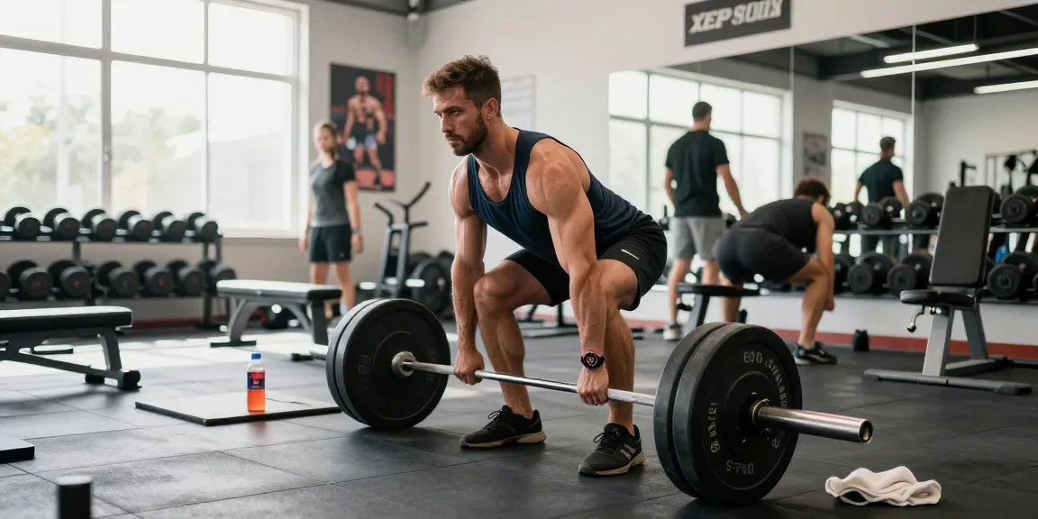 Anabolika Shop Deutschland: Bodybuilder hebt Gewichte in einem Fitnessstudio mit lebendiger Beleuchtung und zeigt Krafttraining.