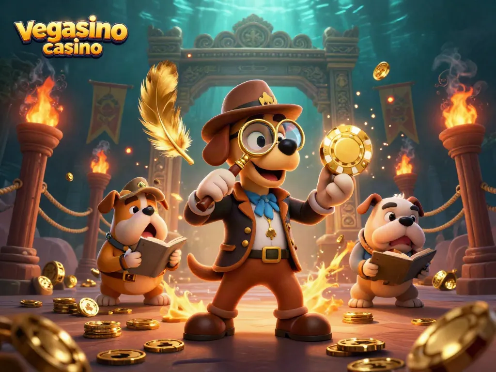Experience the excitement of vegasino casino with a detective solving poker clues in an energetic scene.