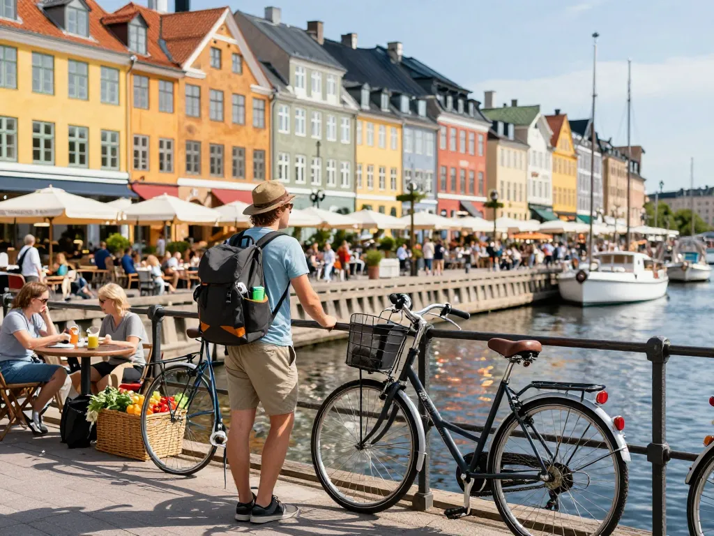 Skandinavien Reisetipps: Reisender genießt die lebhaften Straßen Stockholms, Fahrräder und Ufercafés.