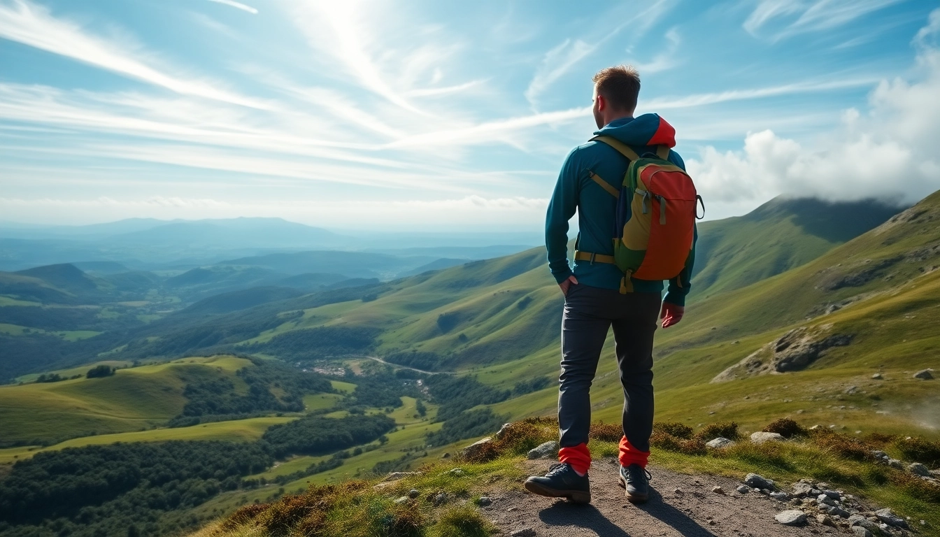 Wanderer genießt die Aussicht am Wicklow Way Irland über grüne Täler und Berge.
