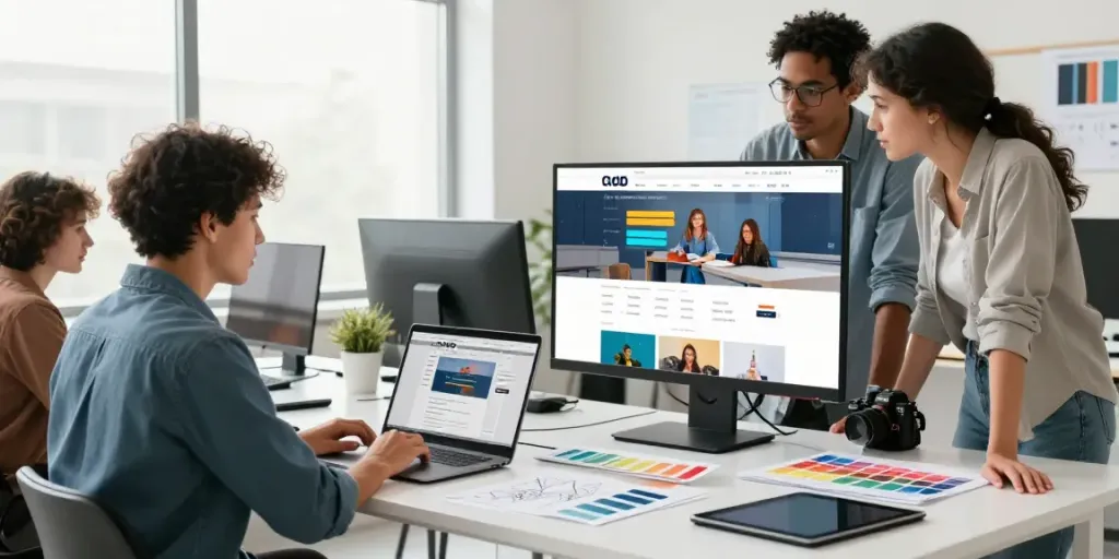 Webdesign Saarland: Kreatives Team im modernen Studio bei der Zusammenarbeit an einem Website-Projekt.