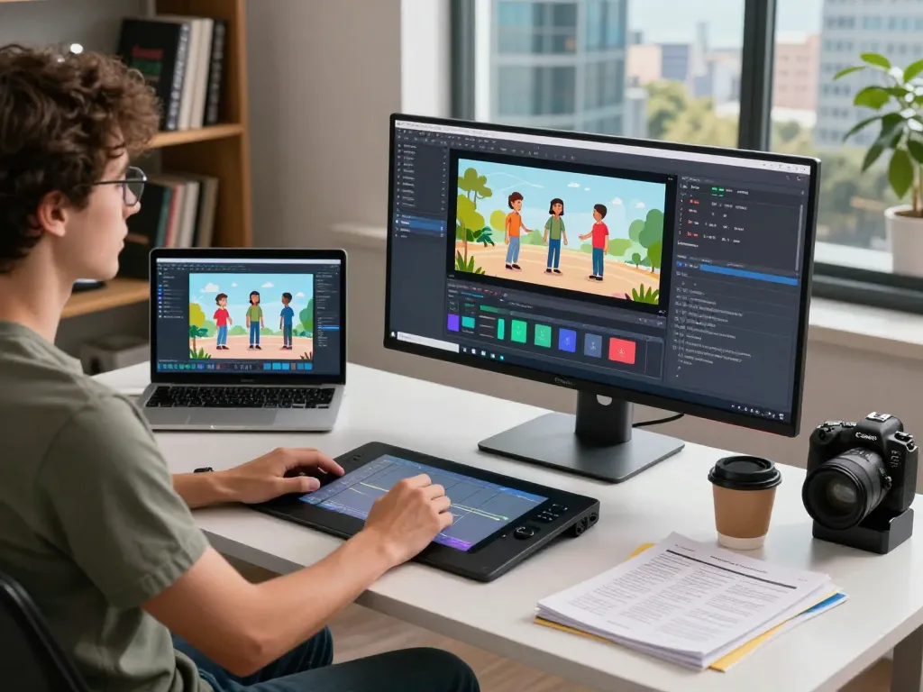 Kling 2.6 motion control workspace with animation tools and screens showcasing AI-driven character animations.