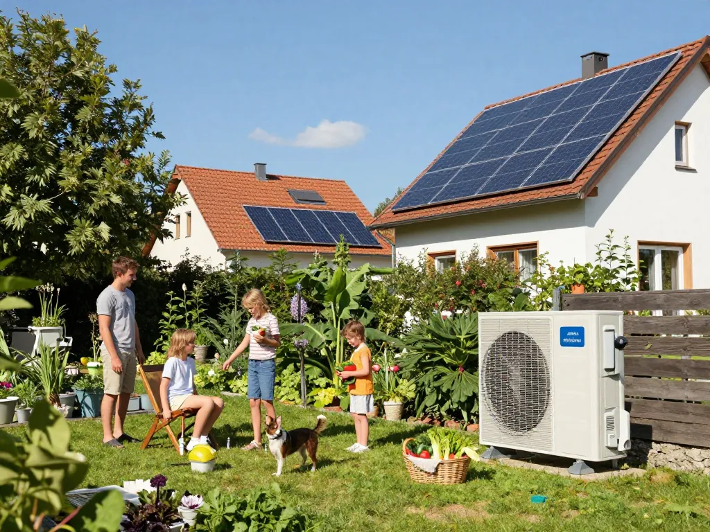 Photovoltaik Bayern Haus mit Solarpanelen und Familie, die grünes Leben genießt.