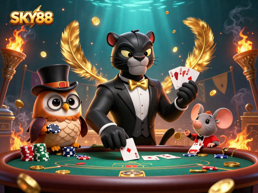 SKY88 showcases a stylish panther dealer and friends at a poker table, vibrant and dynamic scene