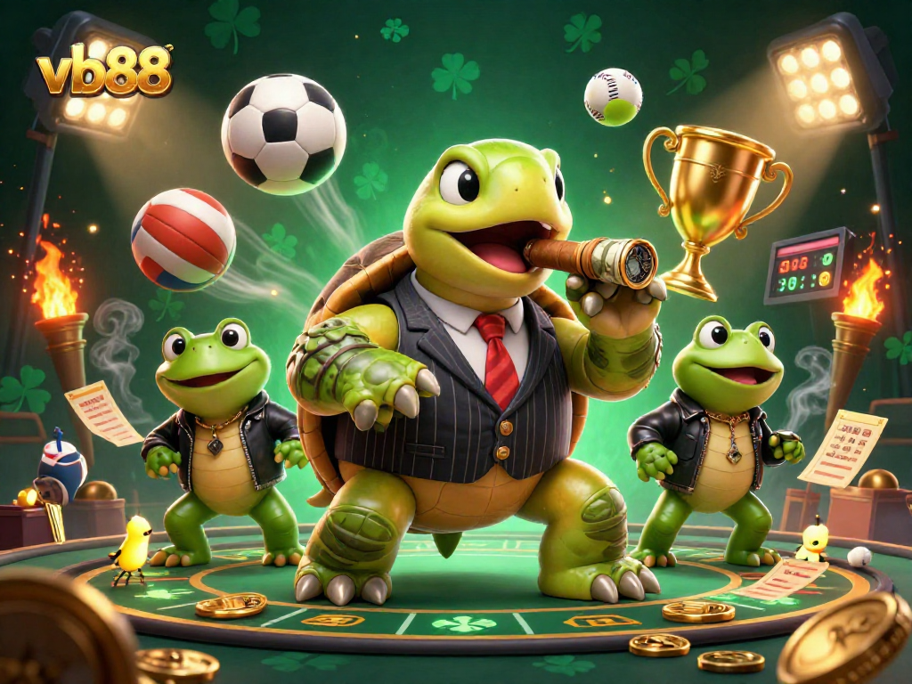 Join the action at vb88 with a vibrant 3D illustration of our casino-themed characters and sports elements.