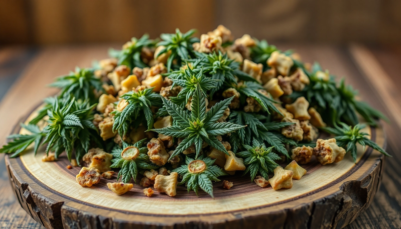 Leckere cannabis kekse frisch gebacken, serviert auf einer rustikalen Holzplatte.