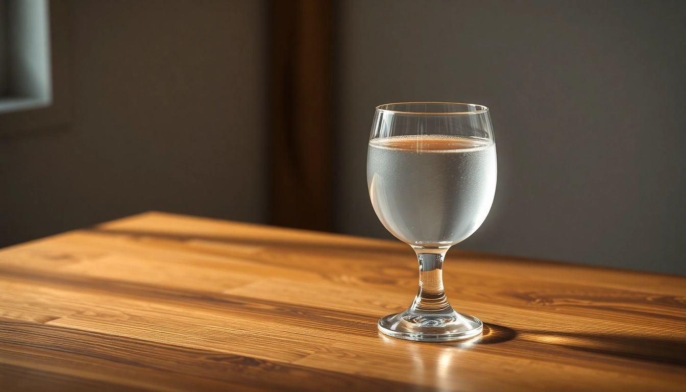Kolloidales Silber 75 ppm in einem eleganten Glas auf einem Holztisch präsentiert.
