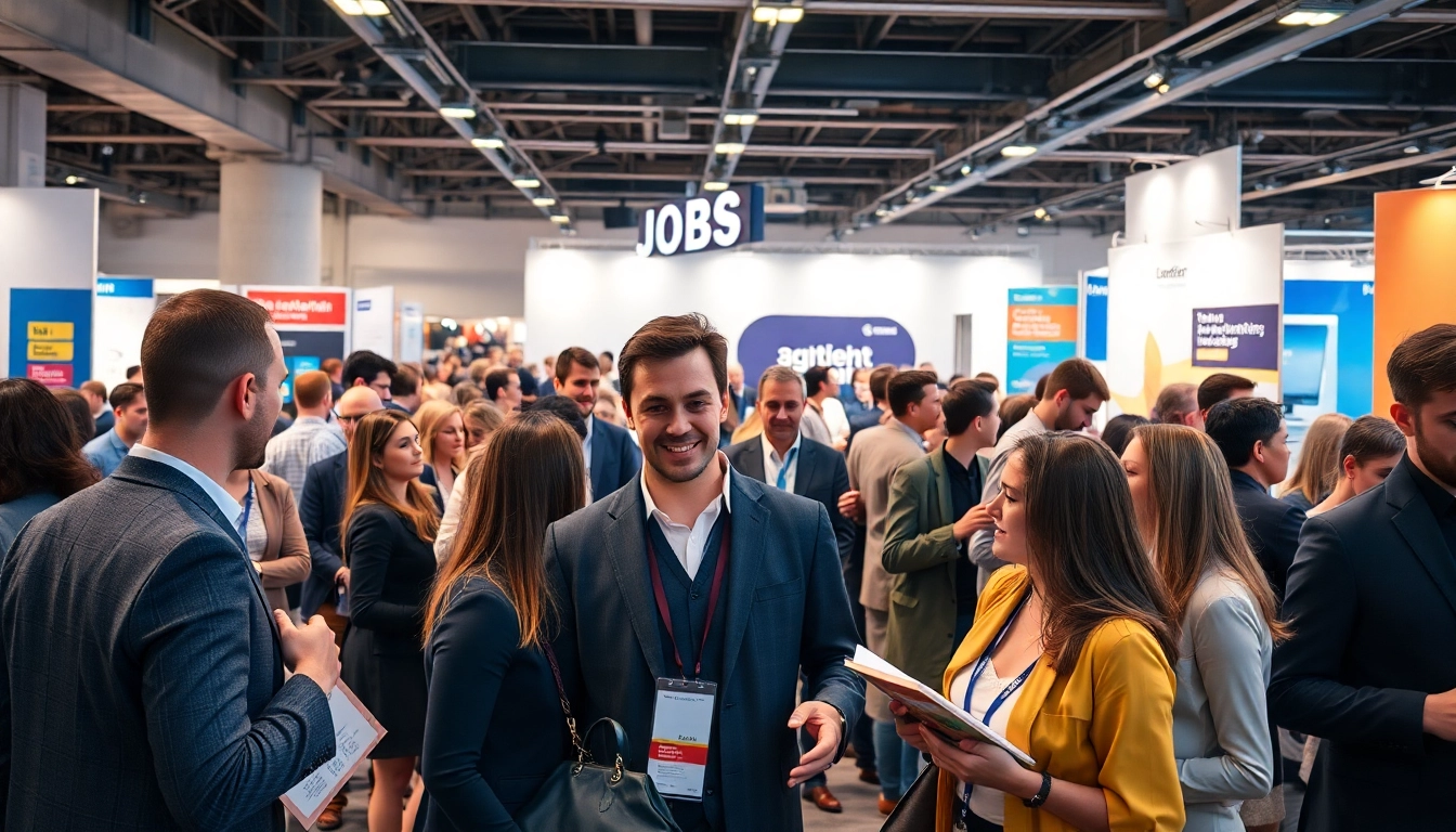 Professionals exploring diverse Stellenangebote at a vibrant job fair, showcasing engagement and opportunities.