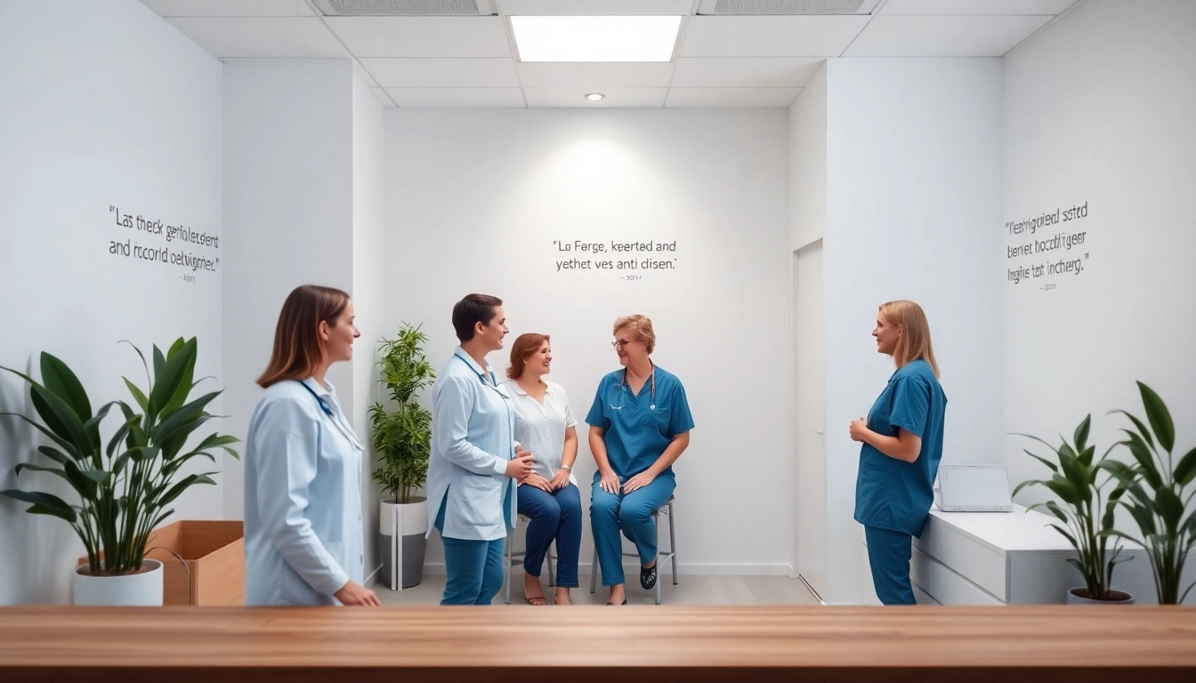 Pflegedienst werbung: Ein helfendes Pflege-Team unterstützt Klienten in einem einladenden Pflegebüro.