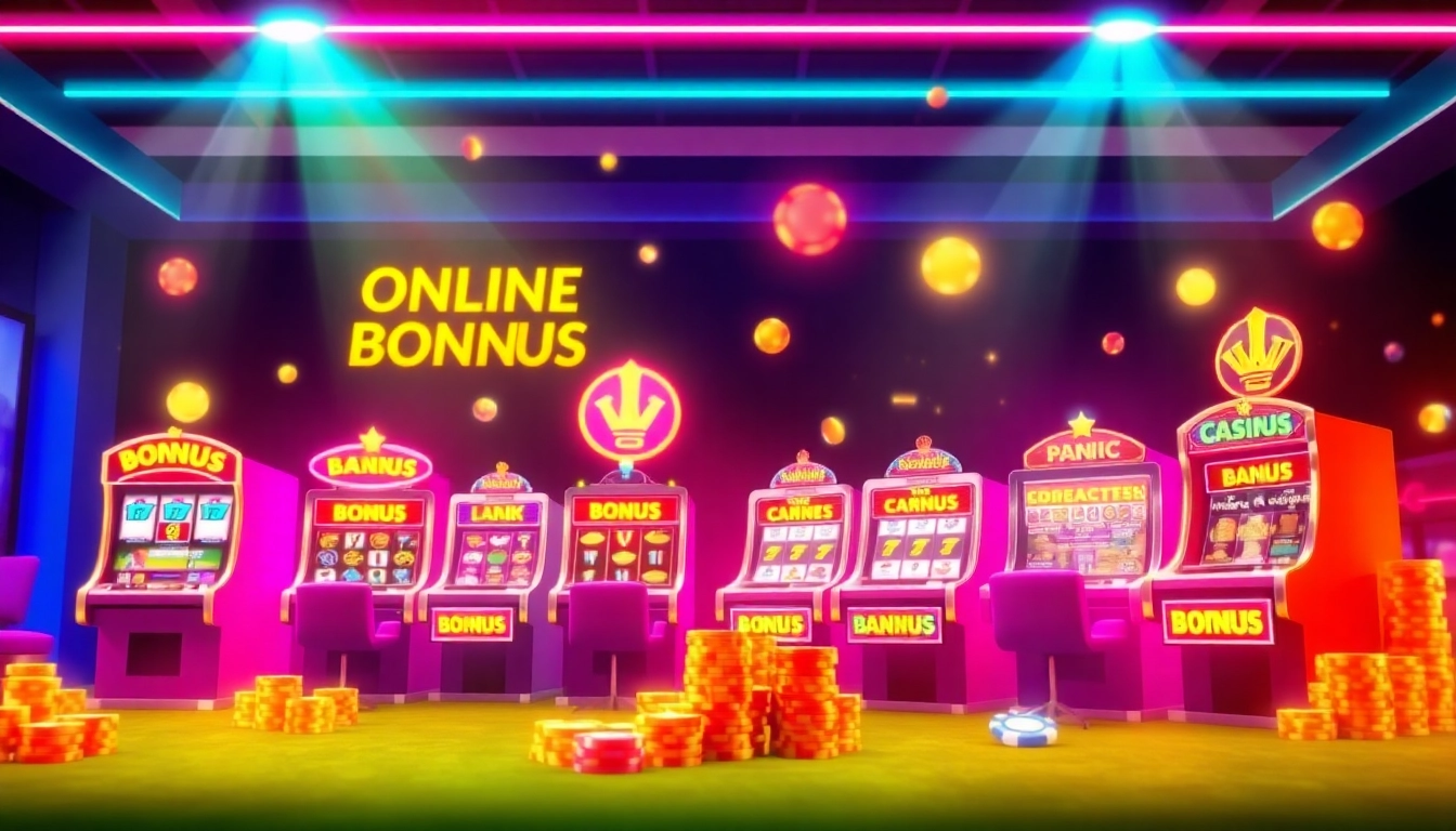 Get the best online casino bonus offers with enticing visuals of slots and vibrant promotions on display.