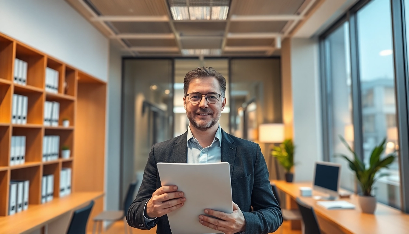 Baufinanzierung Berlin: Berater hilft einem Kunden mit Finanzierungsunterlagen in einer freundlichen Büroumgebung.