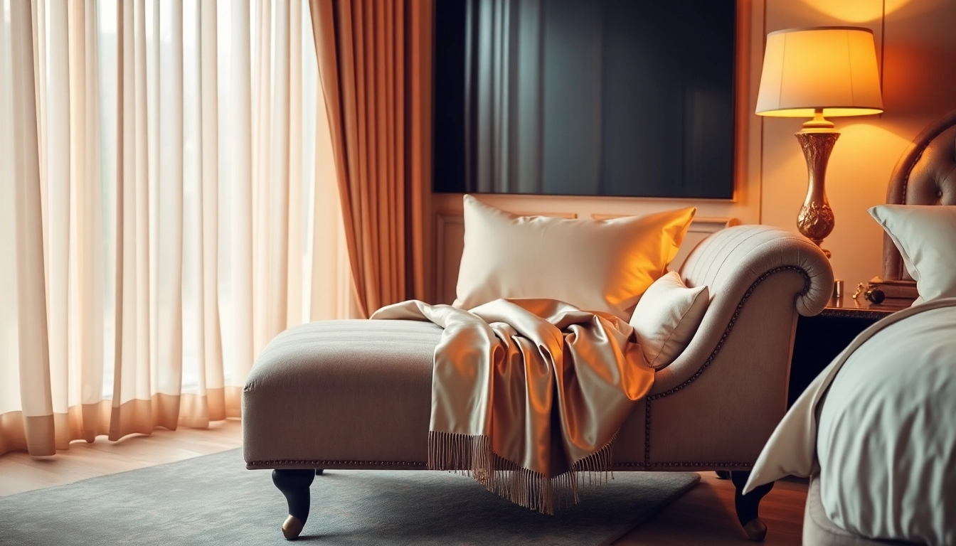 Luxury chaise lounge adorned with silk throw, inviting tranquility and style