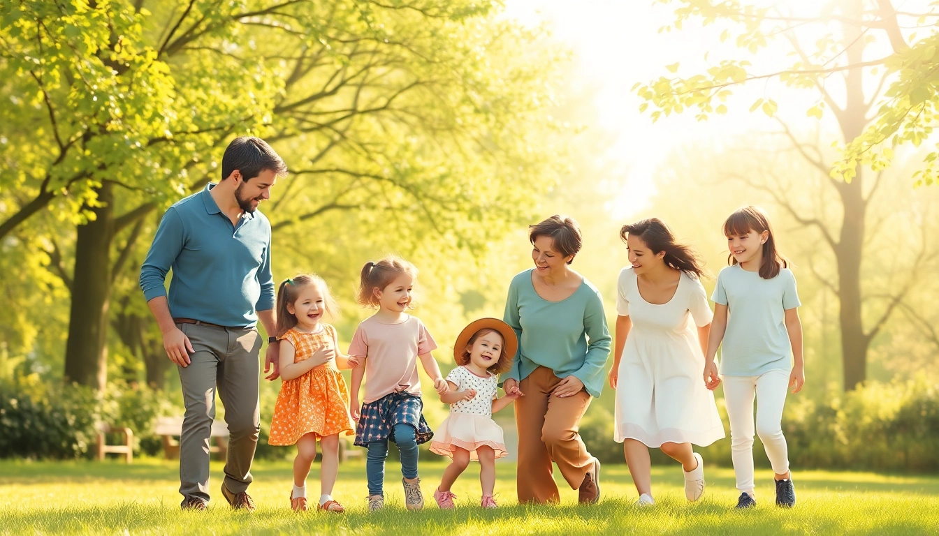 Kindererziehung in einer harmonischen Parkumgebung, die Freude und Verbundenheit zwischen Eltern und Kindern zeigt.
