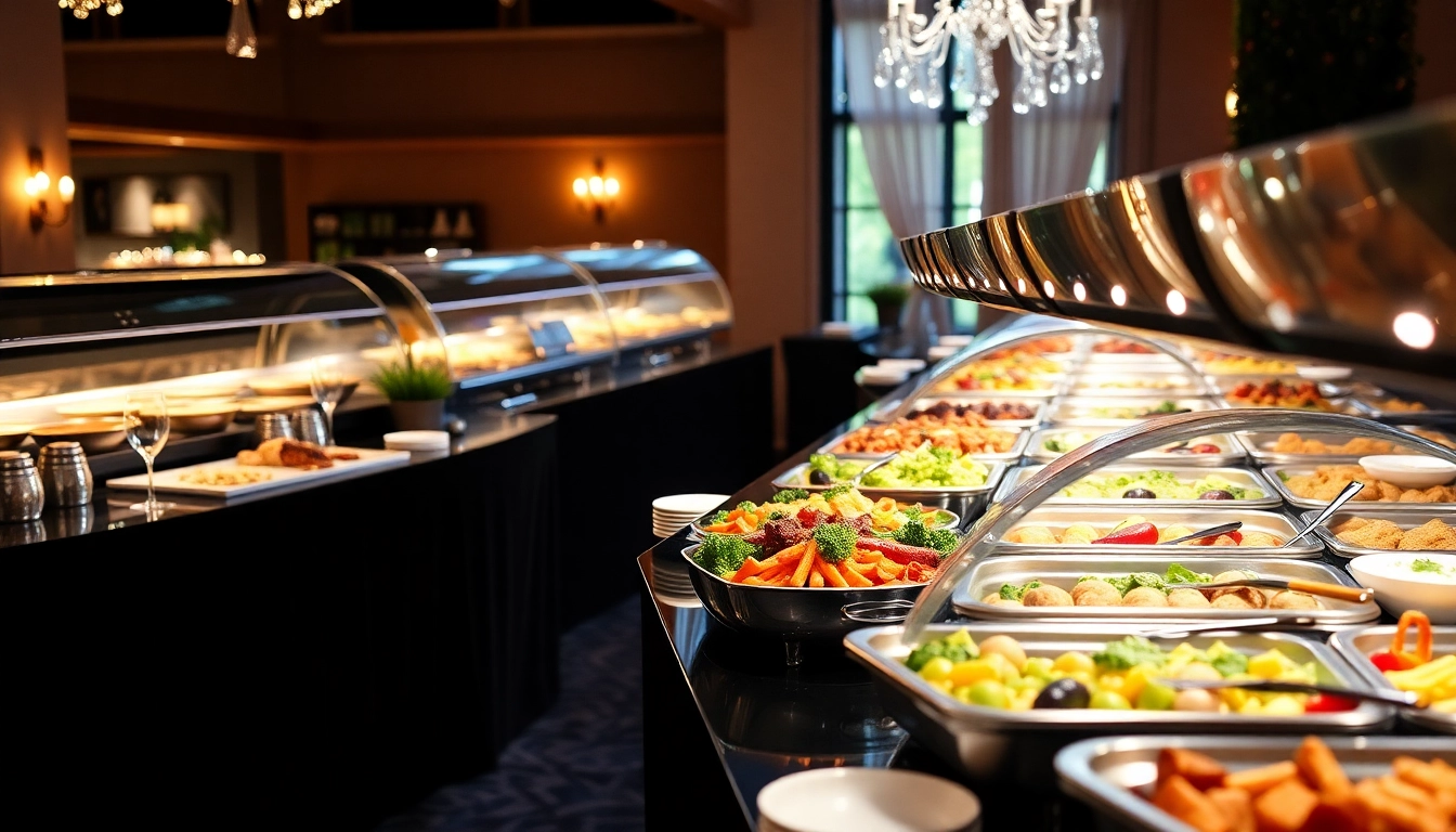 Buffet catering mit einer exquisiten Auswahl an Speisen, kreativ angerichtet und festlich beleuchtet.