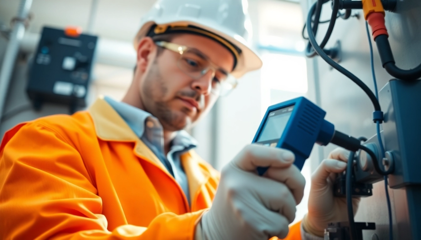 Conducting a DGUV V3 Prüfung, showcasing a professional using safety tools for electrical inspection.