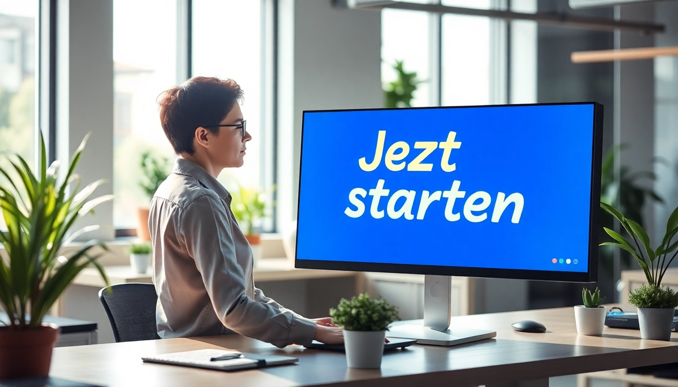 Inspirierende Person startet direkt durch mit einem Computer und dem Bildschirmtext 'Jetzt starten'.