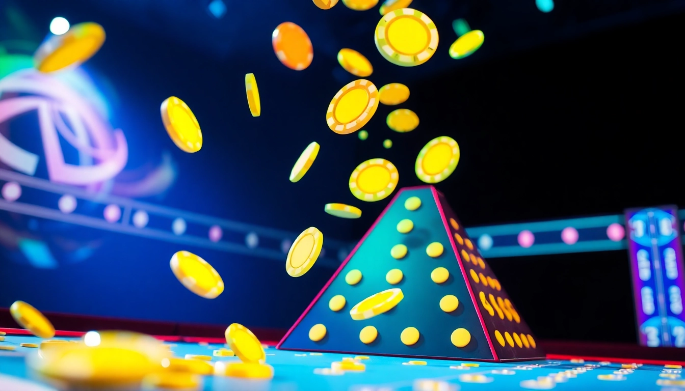 Erlebe den Nervenkitzel des Plinko-Spiels mit einer glänzenden Pyramide und bunten Chips, die den Spaß und die Seriosität des Spiels repräsentieren.