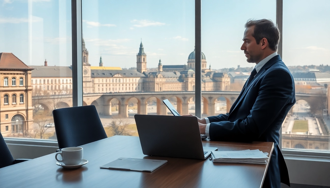 Headhunter Heidelberg: Professioneller Headhunter in modernem Büro mit Stadtansicht von Heidelberg.
