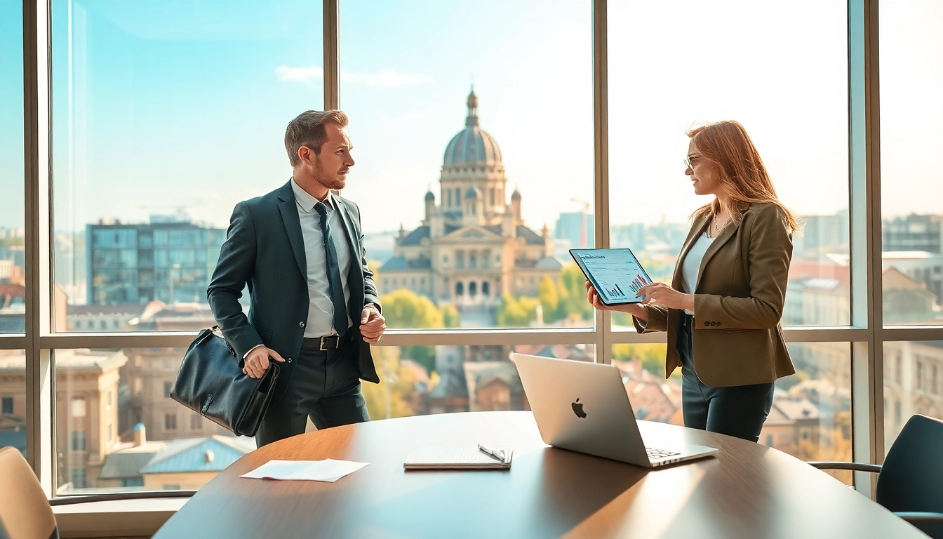 Headhunter Köln unterstützt Klienten in einem modernen Büro mit Kölns Skyline im Hintergrund und professioneller Beratung.