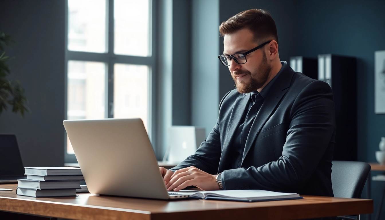Headhunter analysiert Bewerberdaten in modernem Büro mit Laptop.