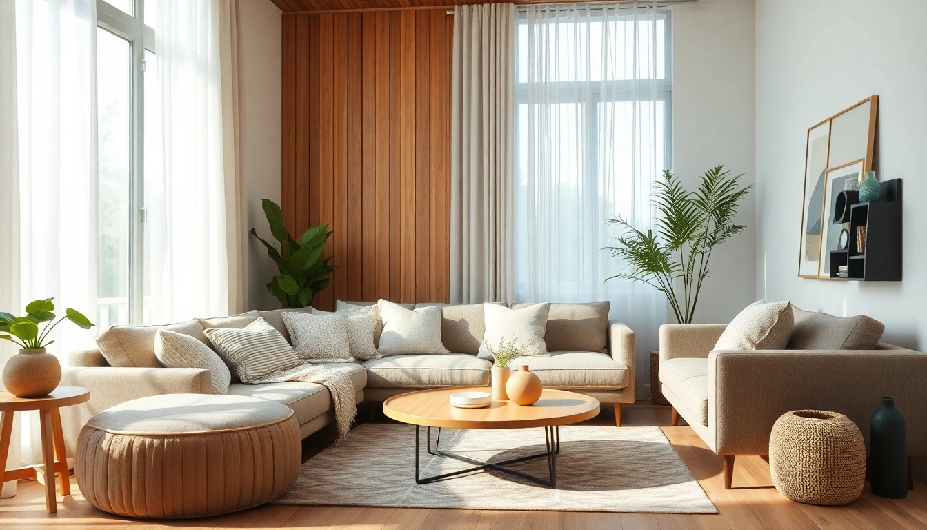 Gestalte einen einladenden Raumgestaltung mit warmen Farben, gemütlicher Couch und Pflanzen.