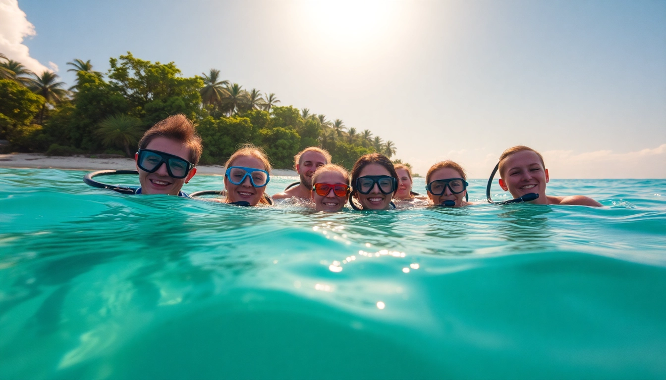 Tauchschule Playa del Carmen: Fröhliche Taucher starten ihren Schnorchelausflug in das kristallklare Wasser.
