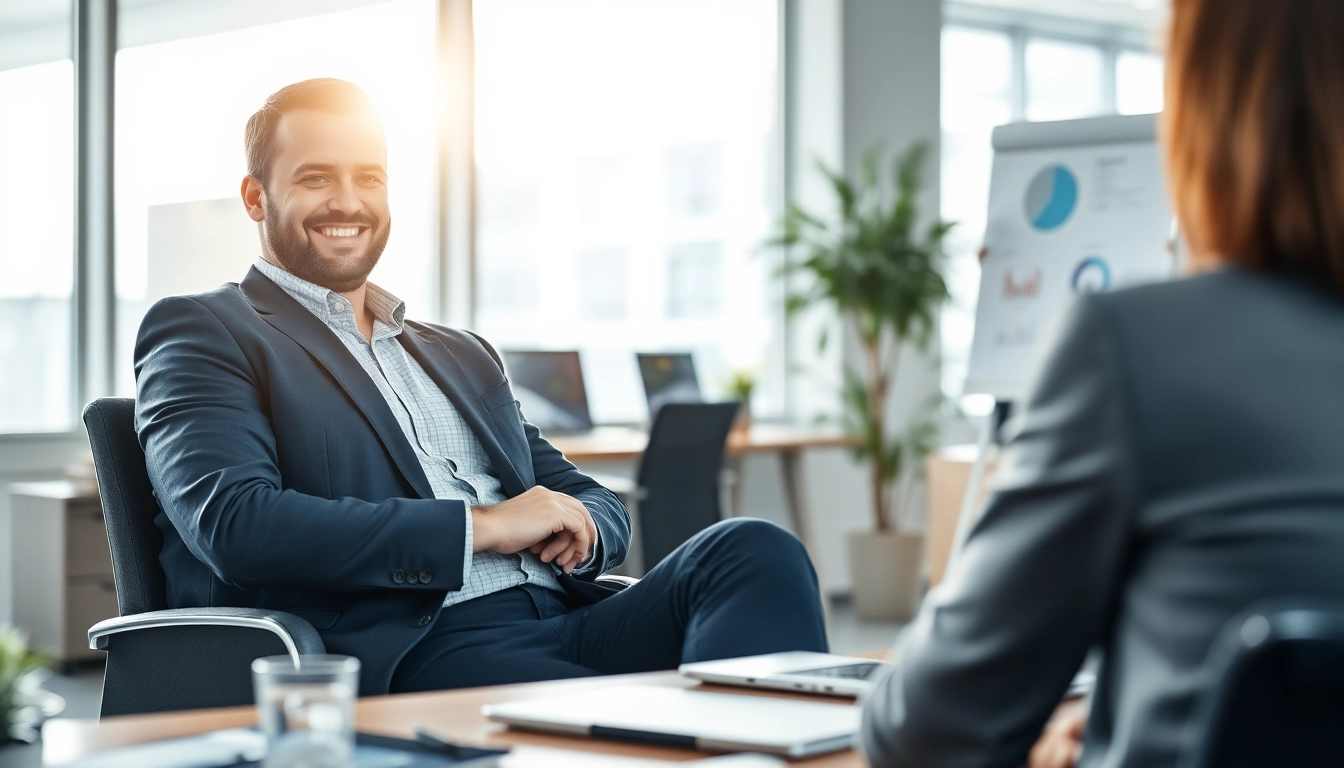 Interaktion eines Headhunters Bielefeld mit einem Kandidaten in modernem Büro.