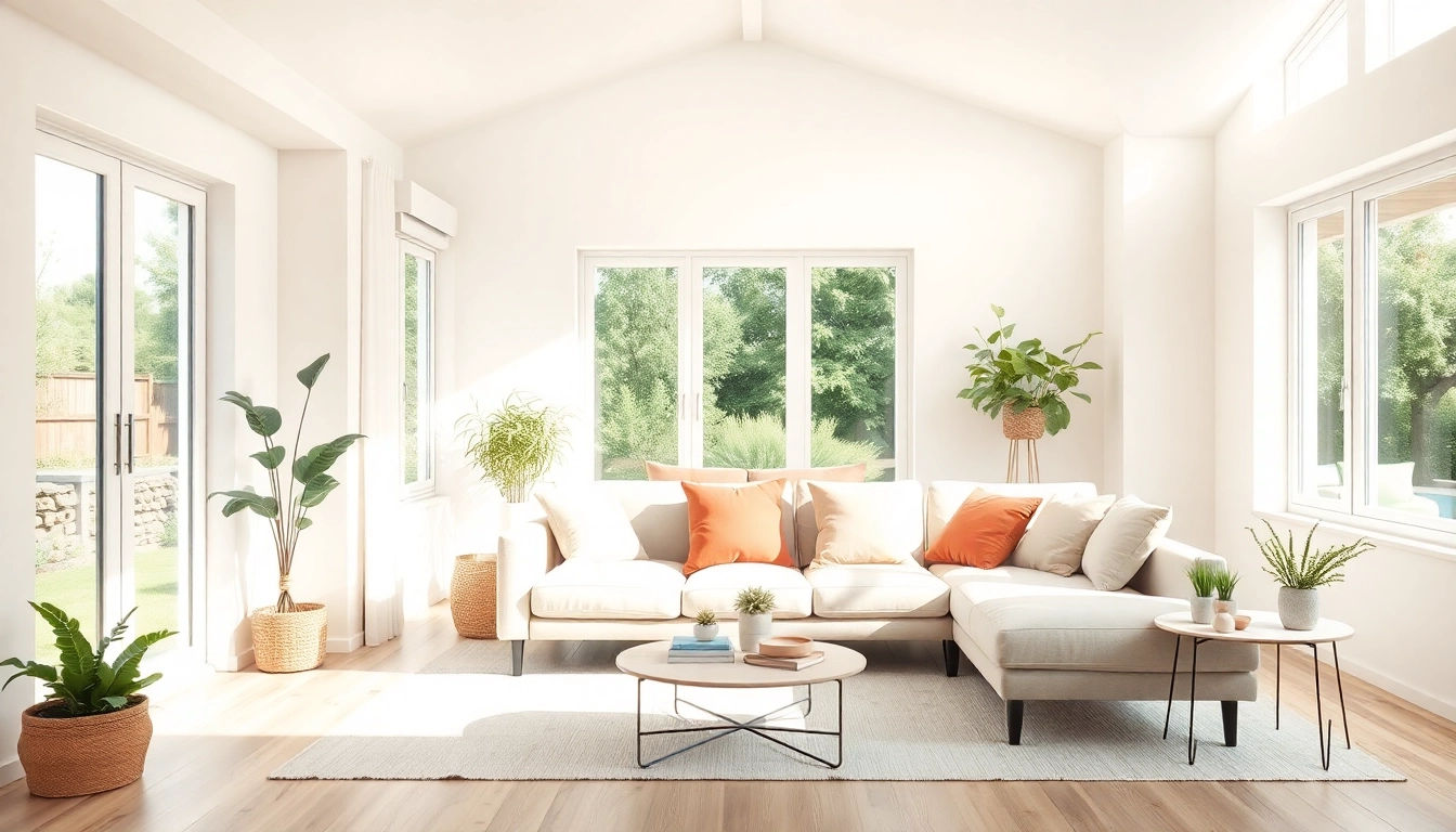 Inspiriertes Wohnzimmer für Raumgestaltung mit bequemer Couch und Pflanzen.