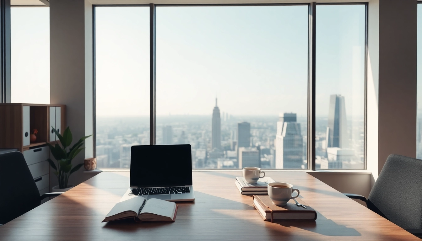 Professioneller Arbeitsplatz für Personalvermittlung mit Laptop und Stadtblick.