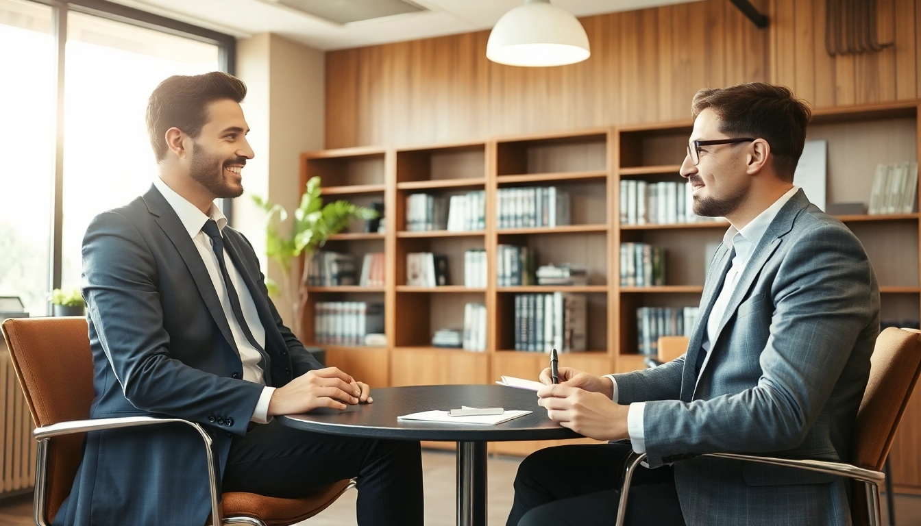 Headhunter Essen in einem Gespräch mit einem potenziellen Kandidaten in modernem Büro.