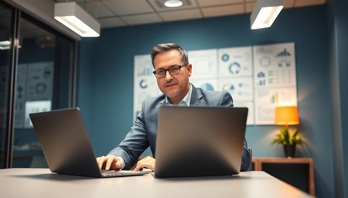 Headhunter IT arbeitet konzentriert an einem Schreibtisch in einem modernen Büro.