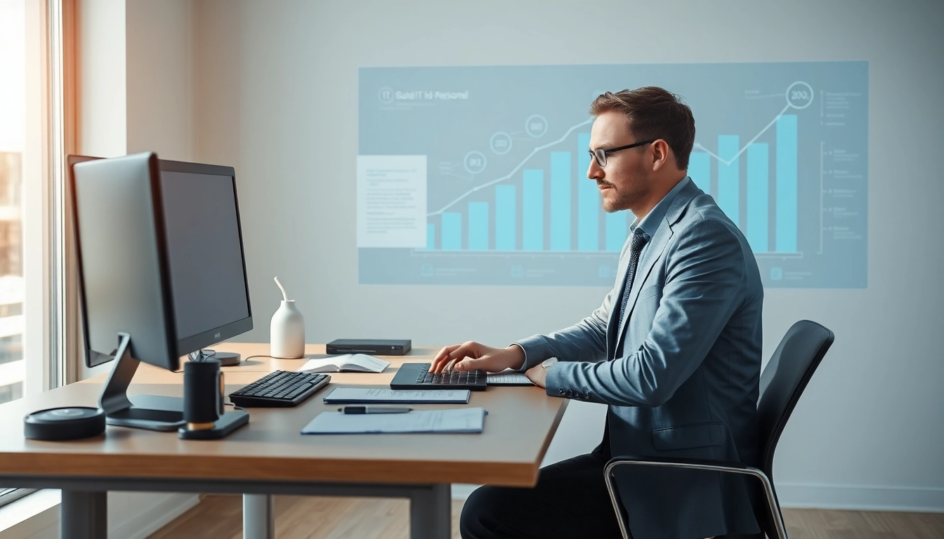 Headhunter IT analysiert Daten zur Personalvermittlung an einem modernen Schreibtisch.