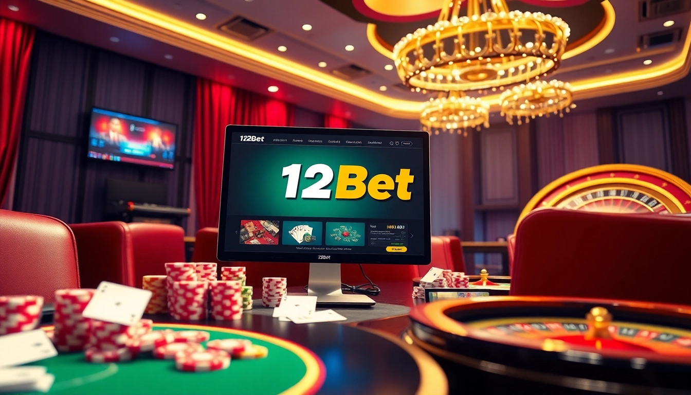 Experience the excitement of online gambling with link 12bet, showcasing a vibrant casino atmosphere and gaming elements.