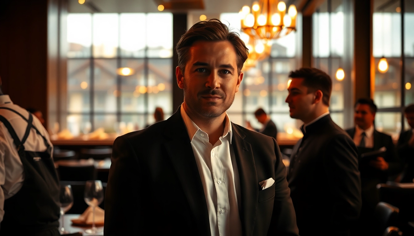 Visualize a Headhunter Gastronomie engaging with culinary experts in a stylish restaurant environment.