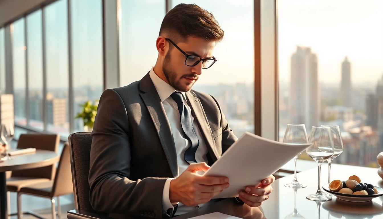 Headhunter Gastronomie analysiert Lebenslauf in modernem Büro mit gastronomischen Elementen.