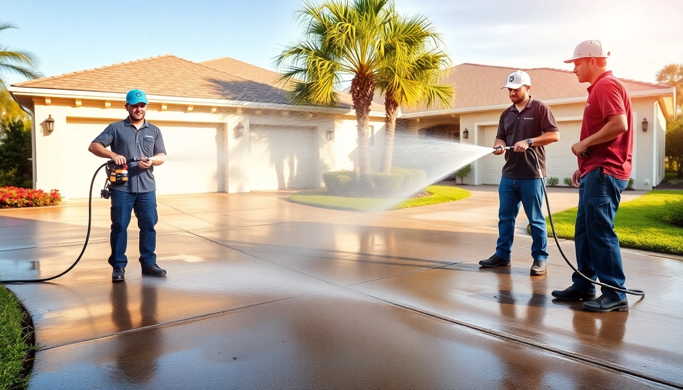 Driveway pressure wash in progress, showcasing professional cleaning team revitalizing concrete.