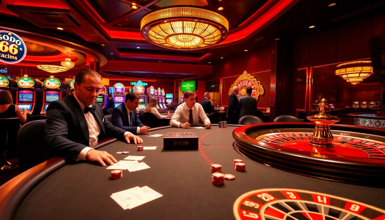 SODO 66 casino scene with players at poker tables and vibrant slot machines.