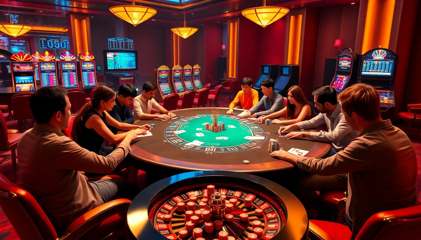 Players enjoying a thrilling MM88 online casino experience at a vibrant poker table.