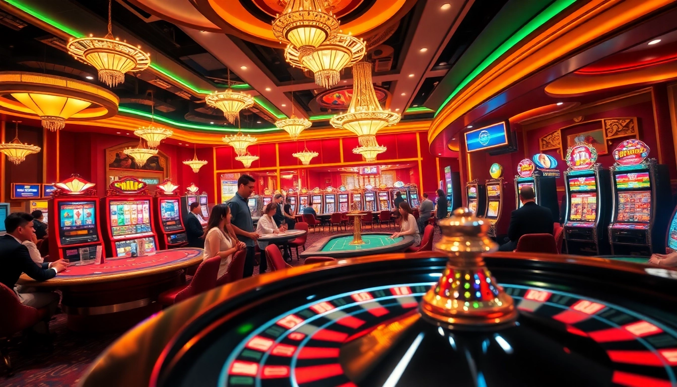 Exciting casino scene featuring gaming tables, slot machines, and roulette emphasizing Trang Chủ 789club.