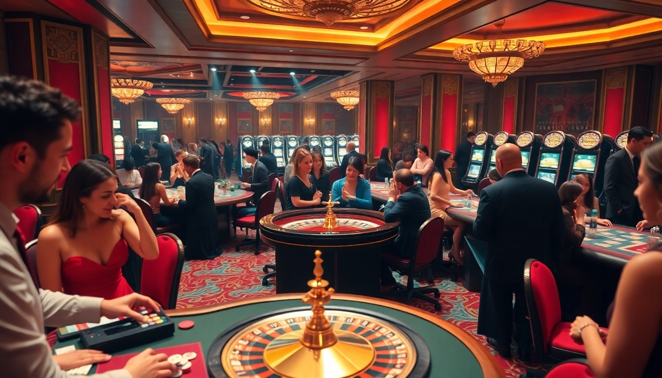 Experience the excitement of gambling at UU88 with vibrant casino tables and a roulette wheel.