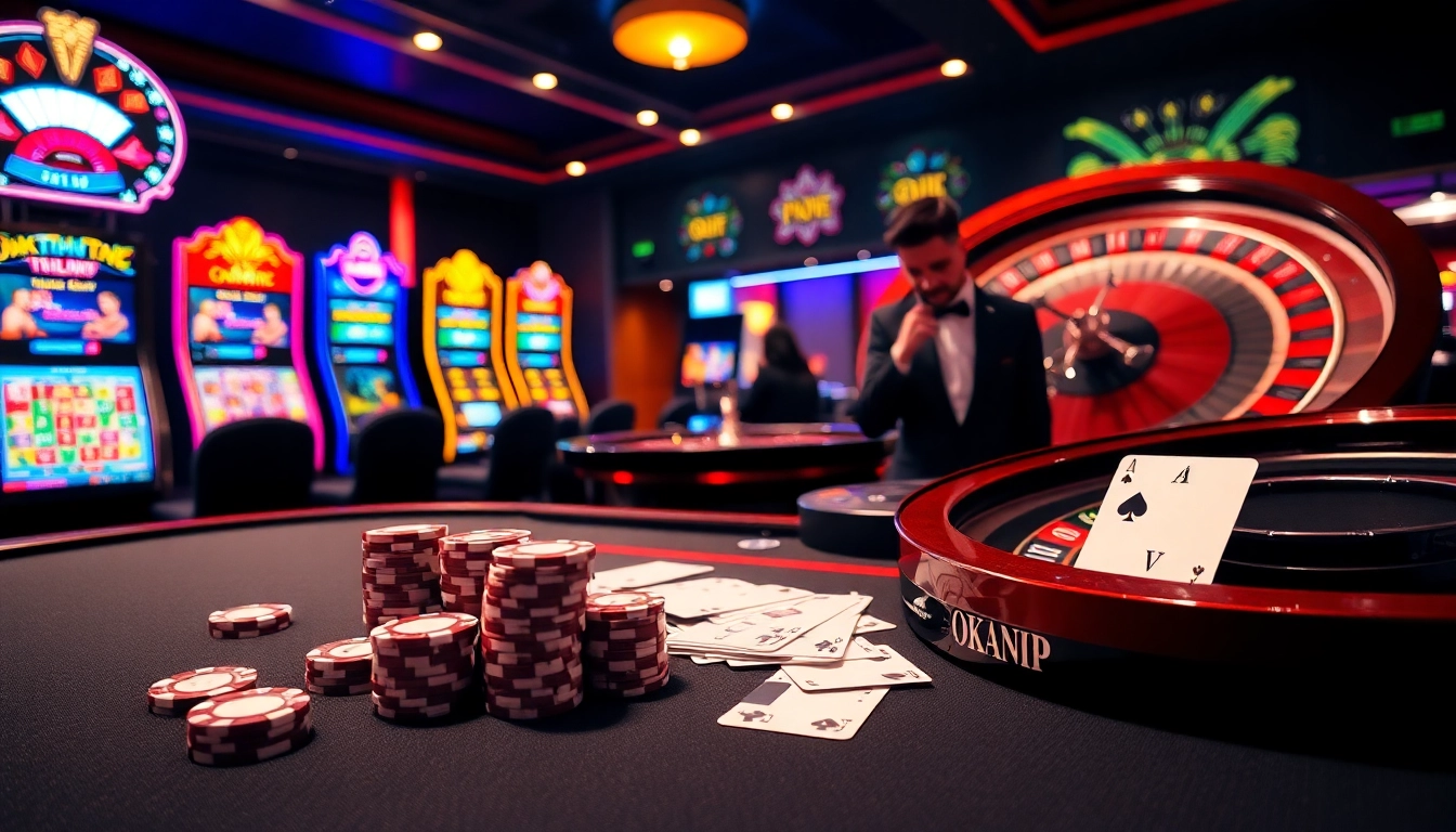 Experience the thrill of winning at OKVIPTV.COM in this vibrant casino scene with poker and slots.