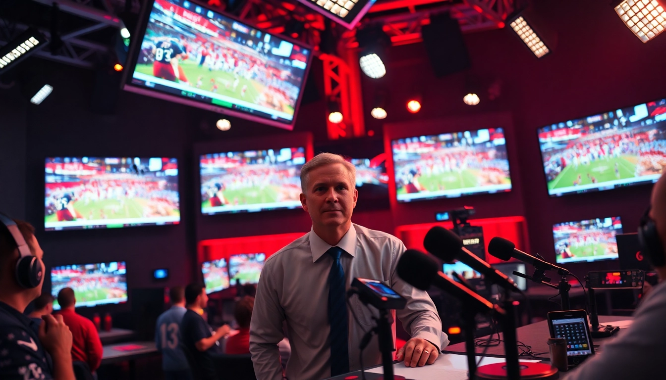 Dynamic sports broadcasting studio showcasing live events with vibrant commentary.