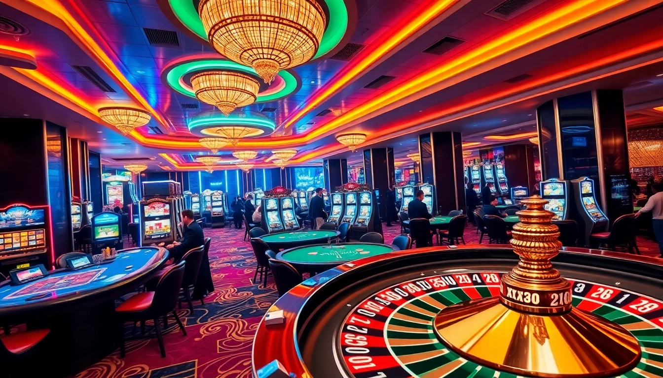 Players enjoying a vibrant casino experience at XX88 with poker tables, slot machines, and roulette wheels.