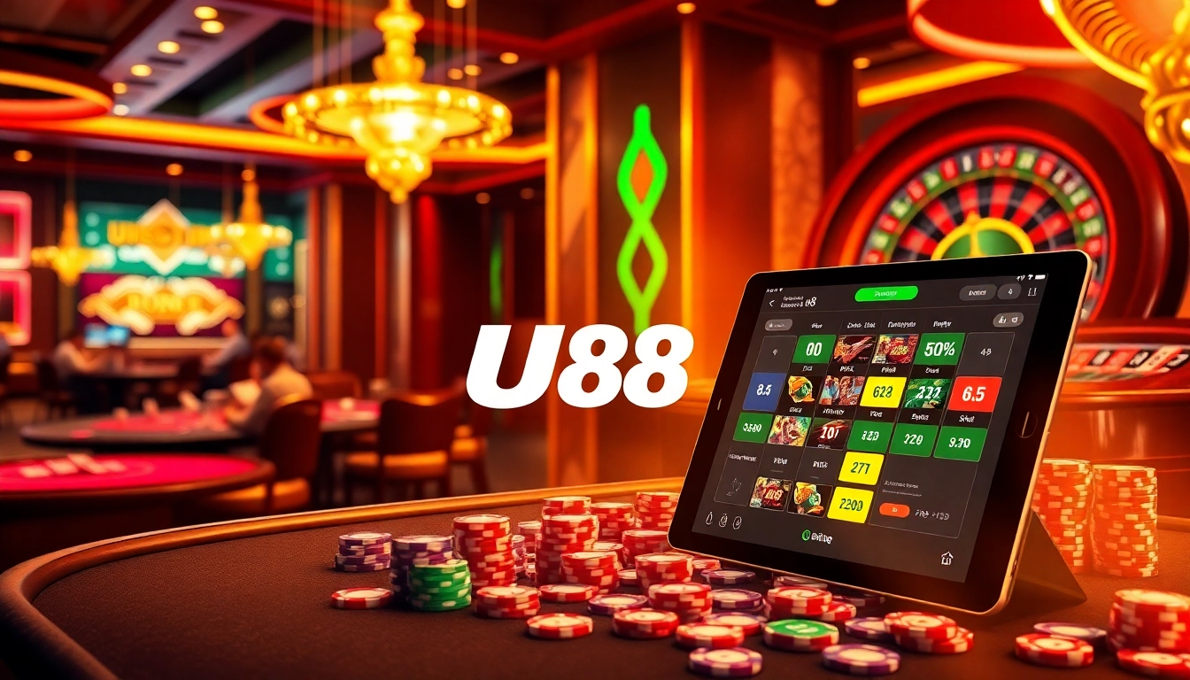 U88 branded casino scene showcasing players at tables and a colorful slot machine.