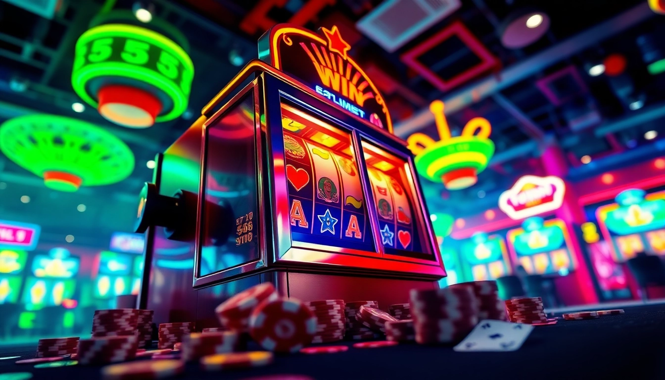 Exciting slot machine scene highlighting 555win's vibrant casino experience with colorful reels and winning potential.